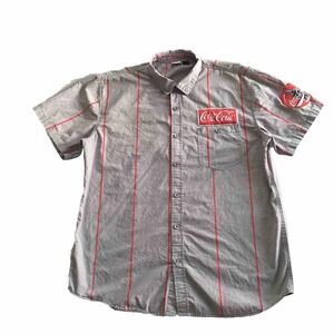 VTG Official Licensed Coca-Cola Striped Button Up Work Shirt Men XL Patches Gray